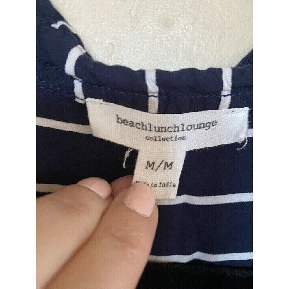 Beach Lunch Lounge Top M Stripe Tie Front Shirt Button Down Navy Long Sleeve - Picture 3 of 4